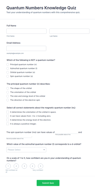 Quantum Numbers Knowledge Quiz Form Template