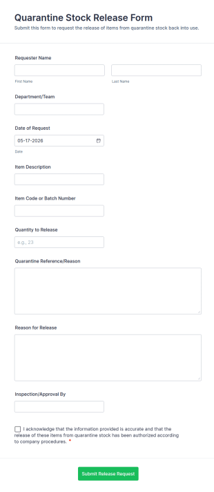 Quarantine Stock Release Form Template
