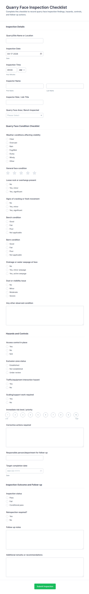 Quarry Face Inspection Checklist Form Template