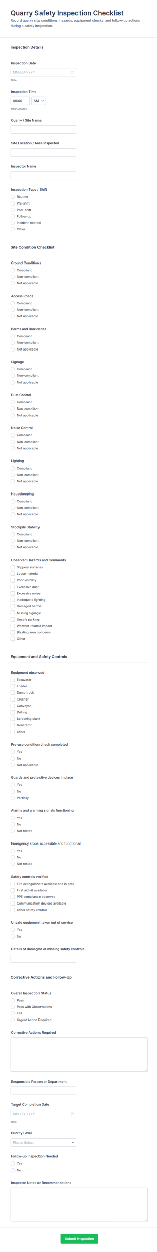 Quarry Safety Inspection Checklist Form Template