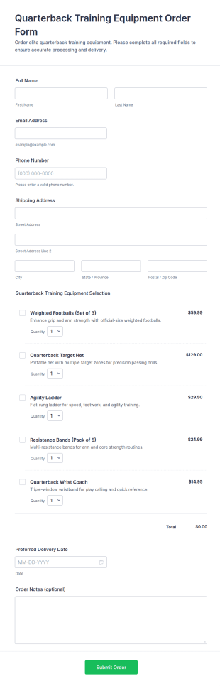 Quarterback Training Equipment Order Form Template