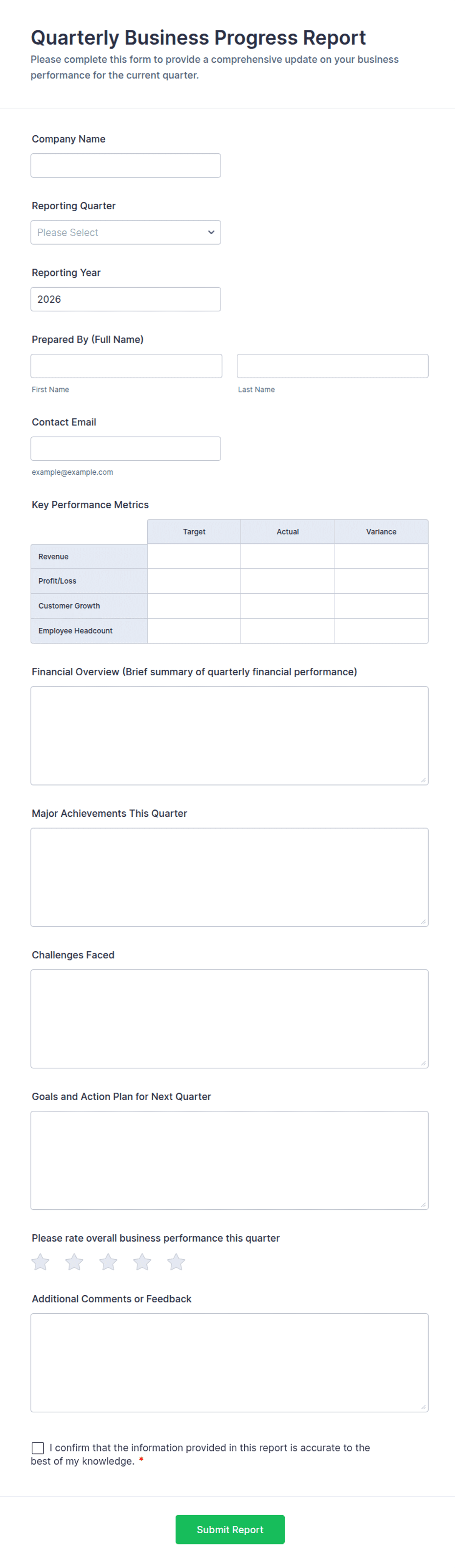 Quarterly Business Progress Report Form Template | Jotform