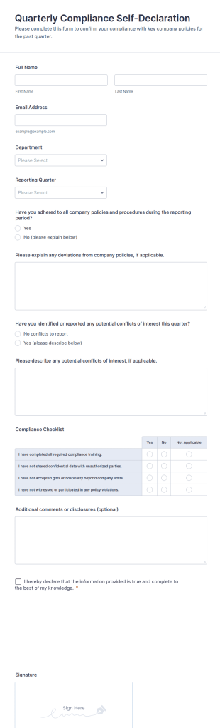 Quarterly Compliance Self Declaration Form Template