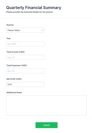 Quarterly Financial Summary Form Template