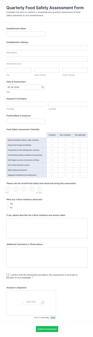 Quarterly Food Safety Assessment Form Template