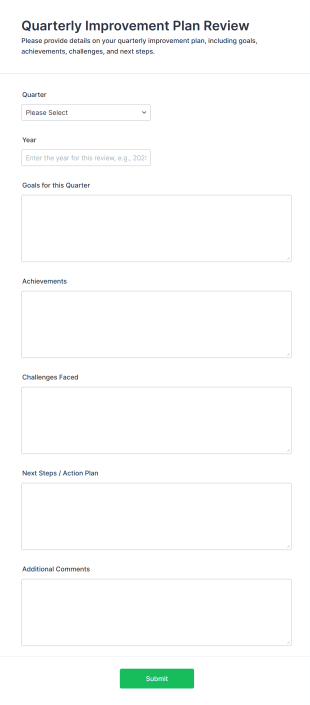 Quarterly Improvement Plan Review Form Template