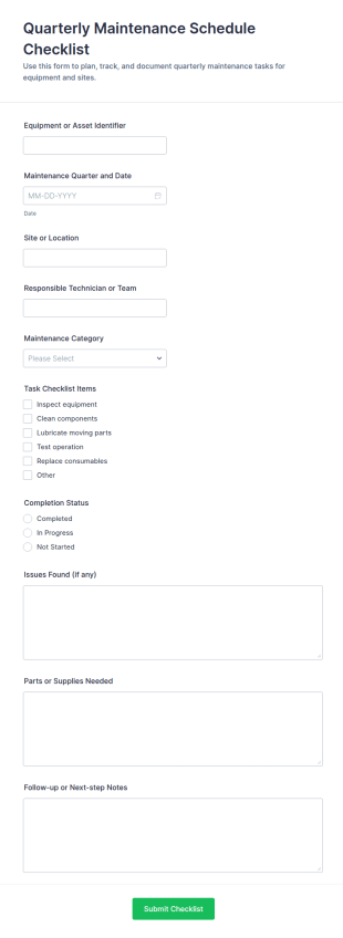 Quarterly Maintenance Schedule Checklist Form Template