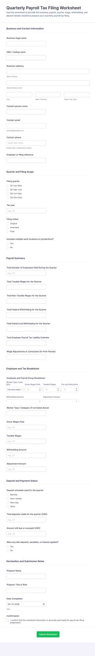 Quarterly Payroll Tax Filing Worksheet Form Template