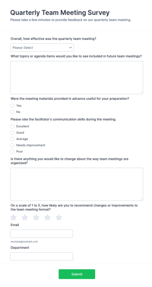 Quarterly Team Meeting Survey Form Template
