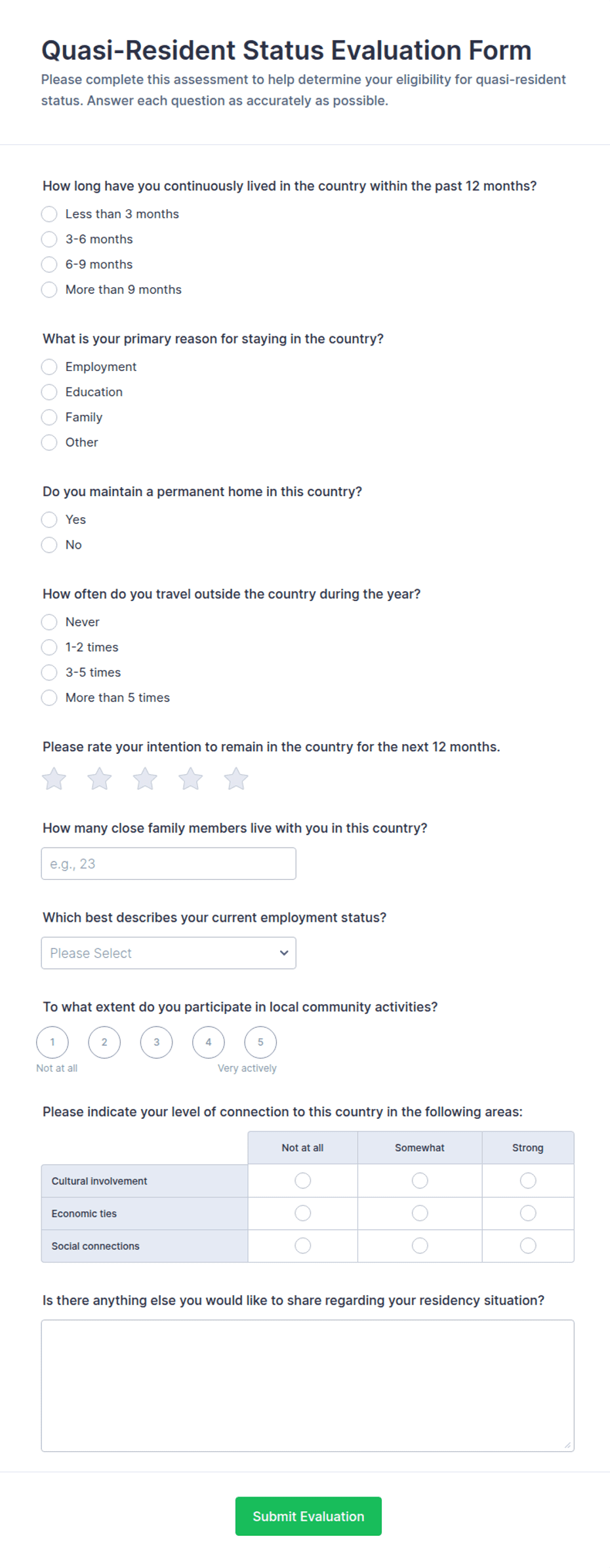 Quasi-Resident Status Evaluation Questionnaire Form Template | Jotform