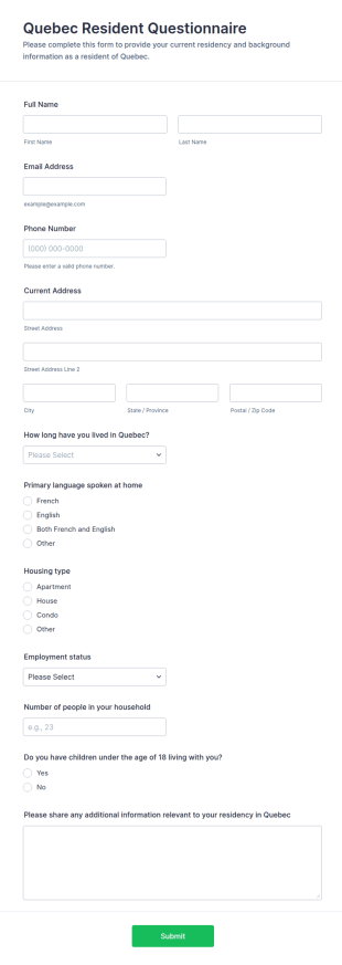Quebec Resident Questionnaire Form Template