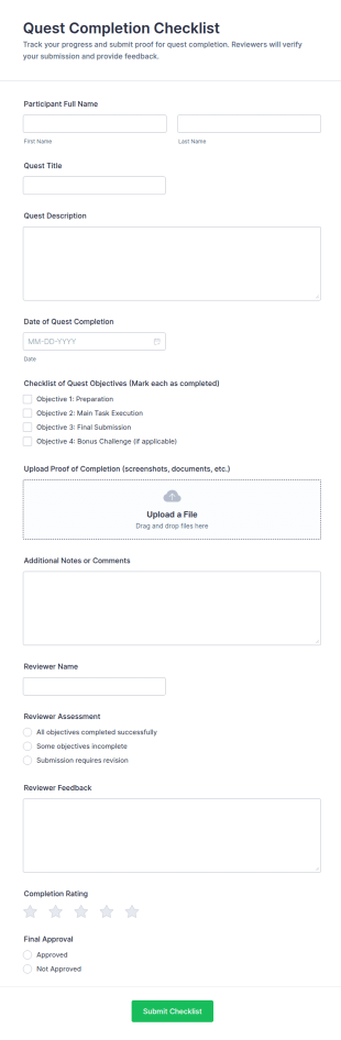 Quest Completion Checklist Form Template