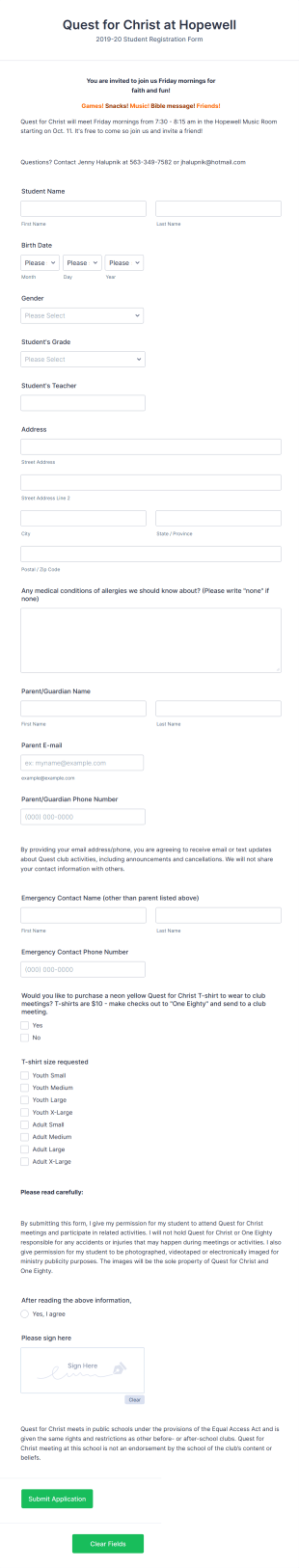 Quest For Christ Event Registration Form Template