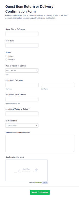 Quest Item Return Or Delivery Confirmation Form Template
