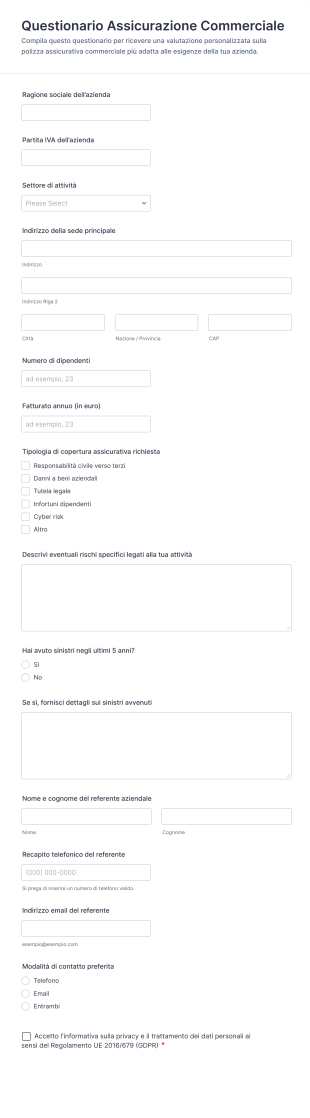 Questionario Assicurazione Commerciale
