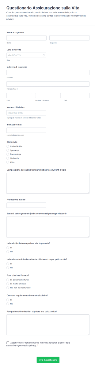 Questionario Assicurazione Sulla Vita