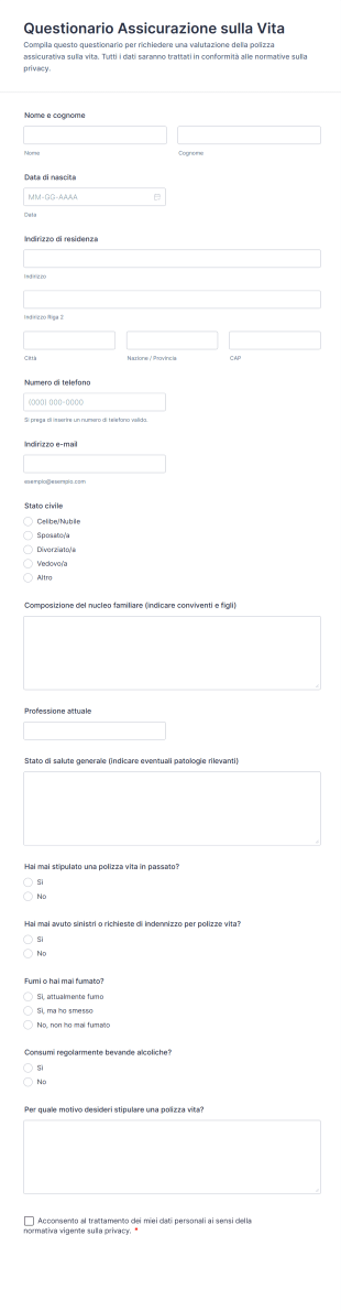 Questionario Assicurazione Sulla Vita