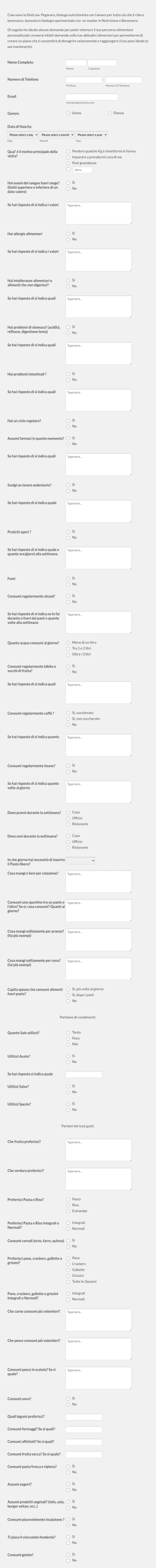 Questionario Consulenza Nutrizionista