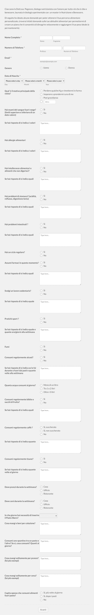 Questionario Consulenza Nutrizionista Form Template