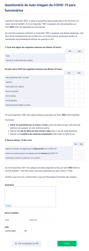 Questionário De Auto Triagem Da COVID 19 Para Funcionários Form Template