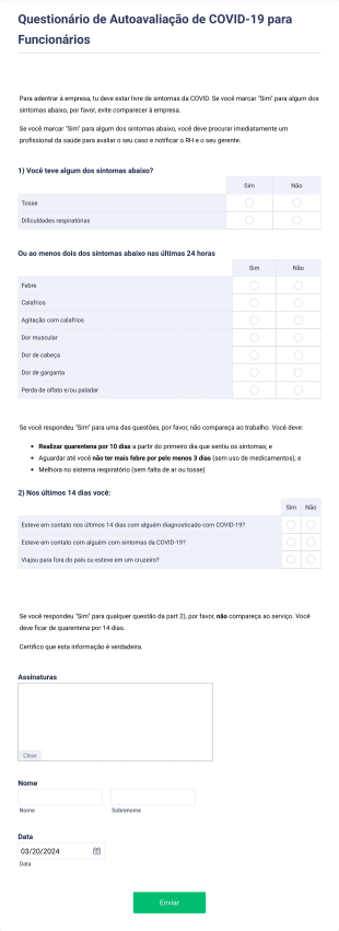 Questionário De Autoavaliação De COVID 19 Para Funcionários Form Template