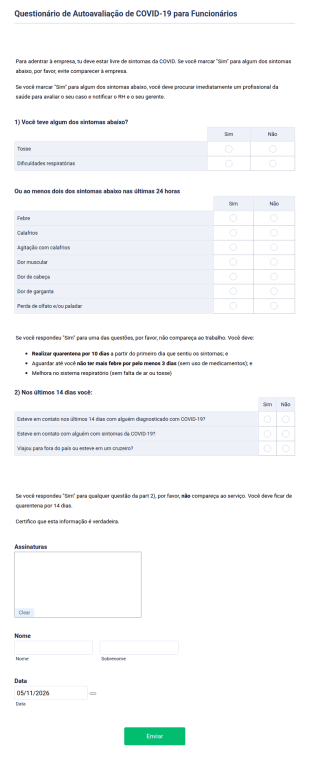 Questionário De Autoavaliação De COVID 19 Para Funcionários