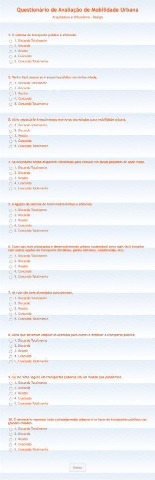 Questionário De Avaliação De Mobilidade Urbana Form Template