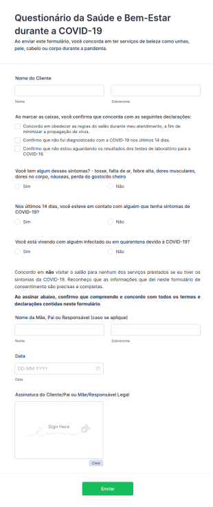 Questionário De Declaração Da Saúde E Bem Estar Do Cliente Durante A COVID 19