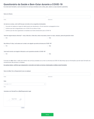 Questionário De Declaração Da Saúde E Bem Estar Do Cliente Durante A COVID 19 Form Template