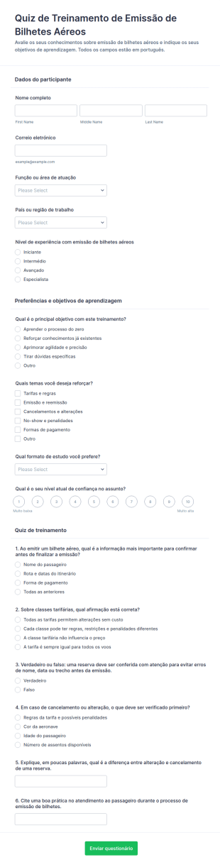 Questionário De Formação Em Bilhetes De Avião
