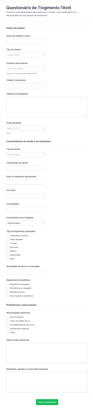 Questionário De Quiz De Tingimento Têxtil