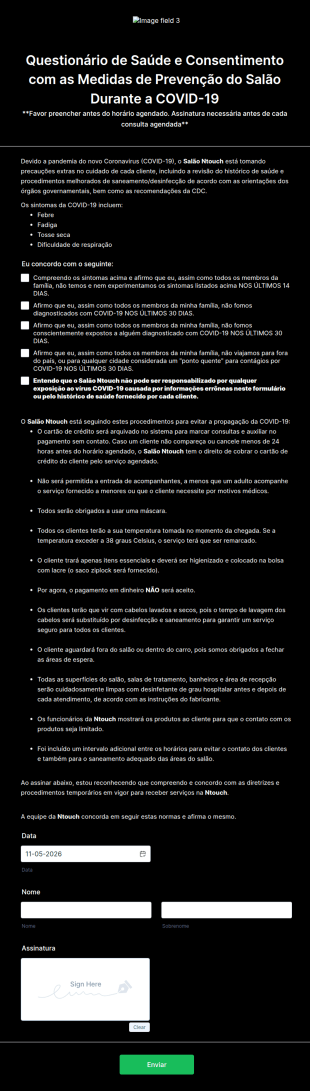 Questionário De Saúde E Consentimento Com As Medidas De Prevenção Do Salão Durante A COVID 19