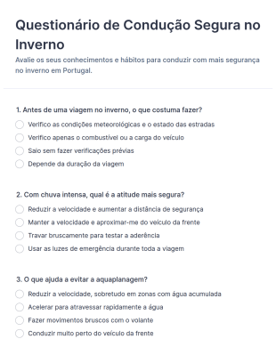Questionário De Segurança Na Condução No Inverno