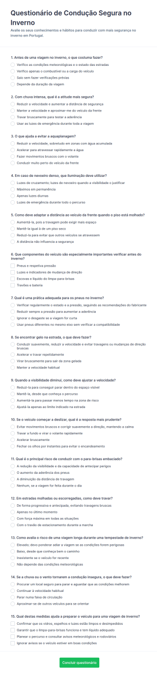 Questionário De Segurança Na Condução No Inverno