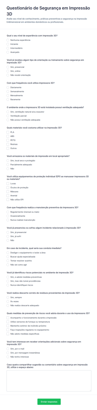Questionário De Segurança Para Impressão 3D