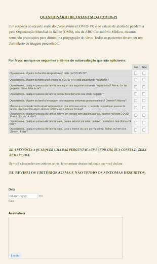 Questionário De Triagem Da COVID 19 Para Pacientes Em Consultórios Médicos