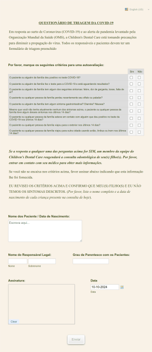 Questionário De Triagem Da COVID 19 Para Pacientes Odontológicos Form Template