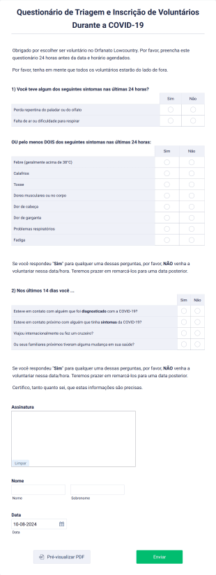 Questionário De Triagem E Inscrição De Voluntários Durante A COVID 19 Form Template