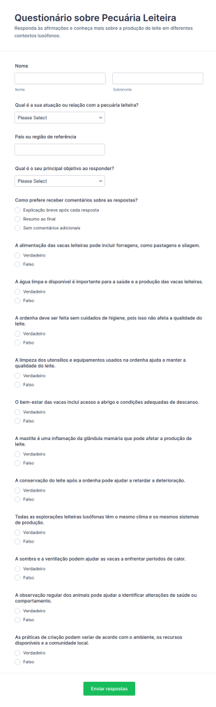 Questionário De Verdadeiro Ou Falso Sobre Criação De Gado Leiteiro