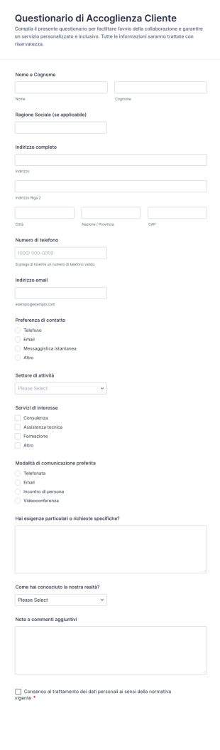 Questionario Di Accoglienza Cliente