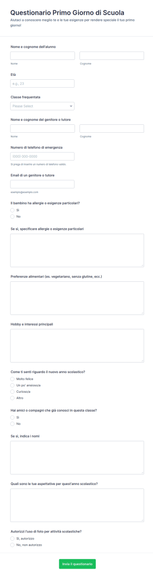 Questionario Di Benvenuto Per Il Primo Giorno Di Scuola