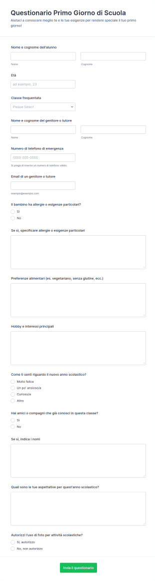 Questionario Di Benvenuto Per Il Primo Giorno Di Scuola