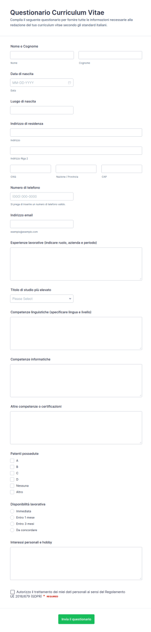 Questionario Di Candidatura
