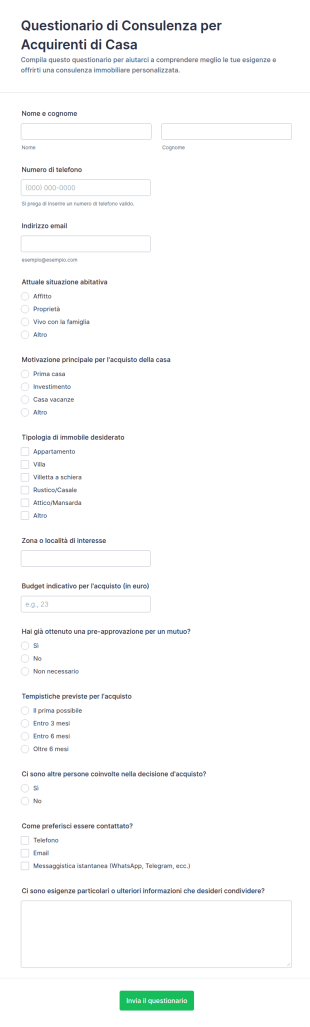 Questionario Di Consulenza Per Acquirenti Di Casa