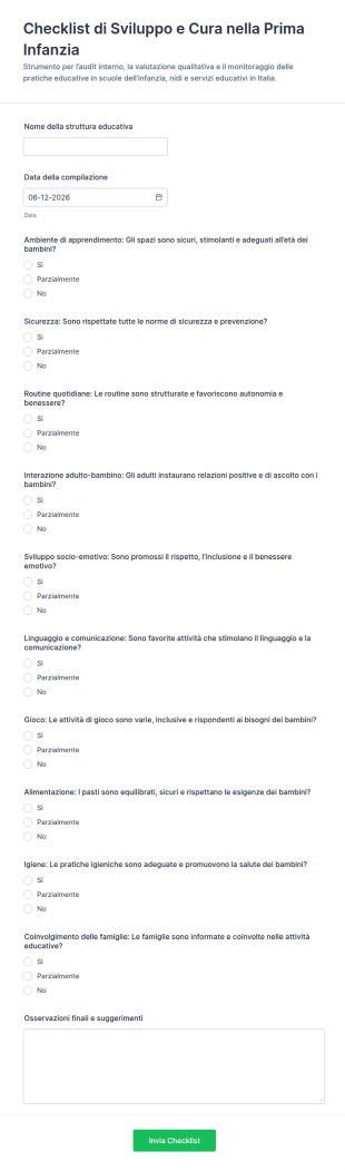 Questionario Di Controllo Per Lo Sviluppo E Cura Della Prima Infanzia