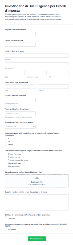 Questionario Di Due Diligence Sui Crediti D’imposta
