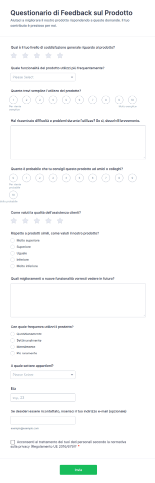 Questionario Di Feedback Sul Prodotto