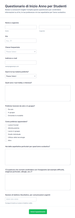 Questionario Di Inizio Anno Per Studenti