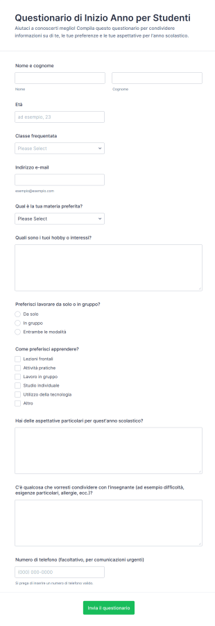 Questionario Di Inizio Anno Per Studenti