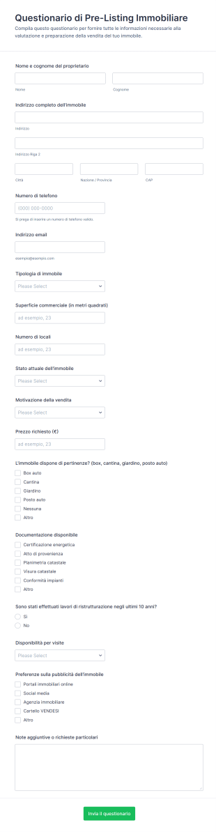 Questionario Di Pre Listing Immobiliare
